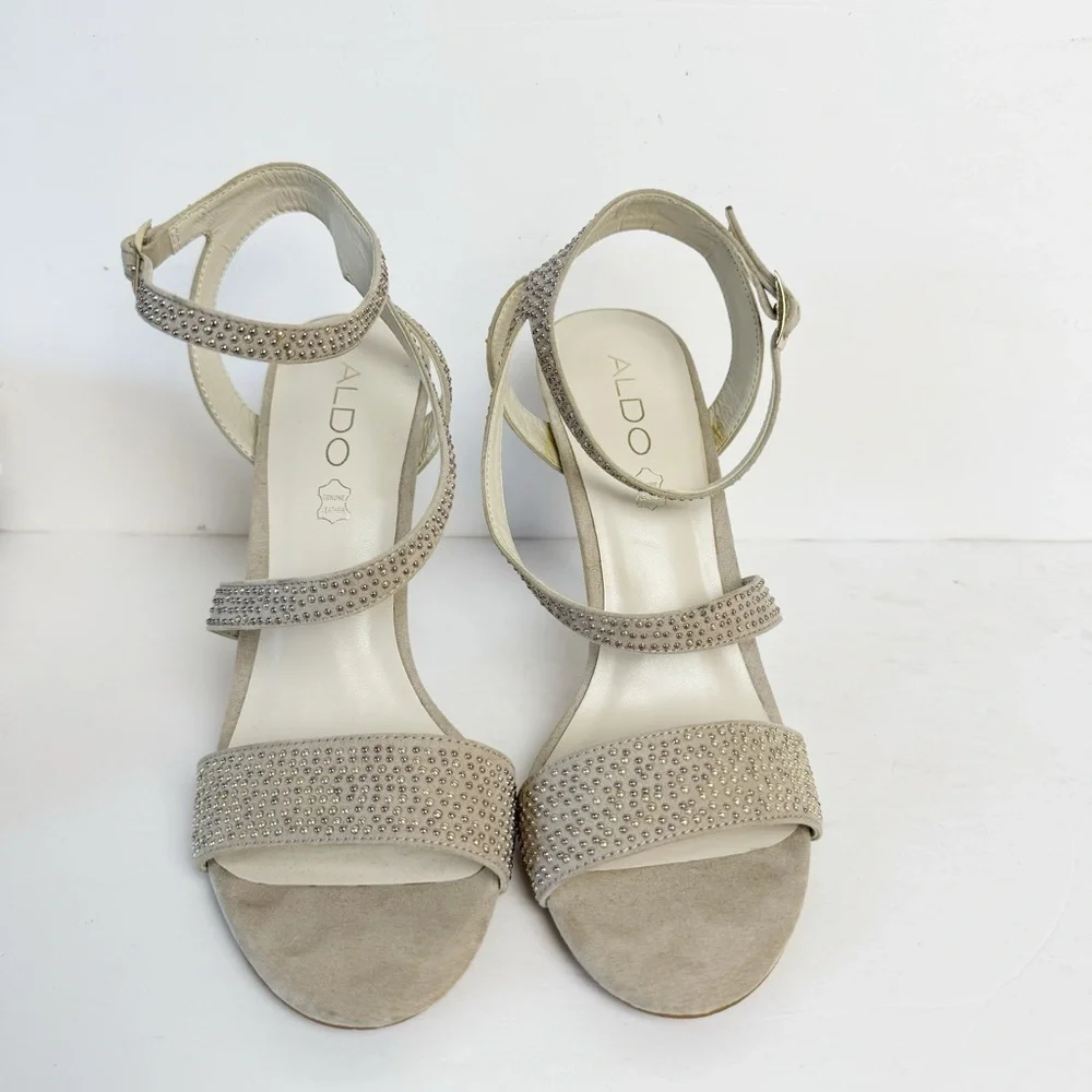 Aldo Strappy Size 8 Heels Champagne Studded Sandals 4” Heels